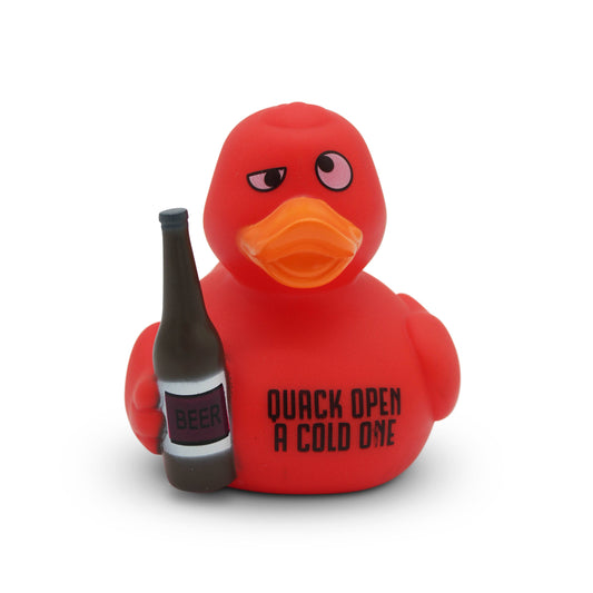 Mellow Monkey red rubber duck holding a beer bottle with Quack Open a Cold One text on its chest