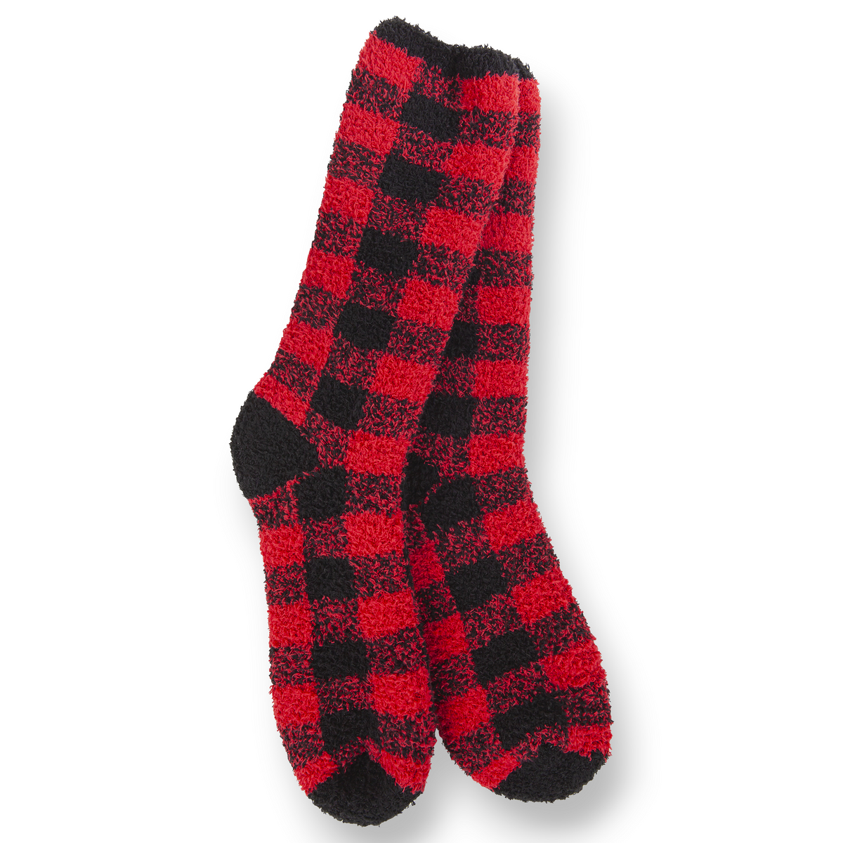 Mellow Monkey red and black buffalo plaid fuzzy crew socks for cozy winter comfort
