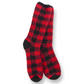 Mellow Monkey red and black buffalo plaid sleeper crew socks made from ultra-soft plush material for lounging.