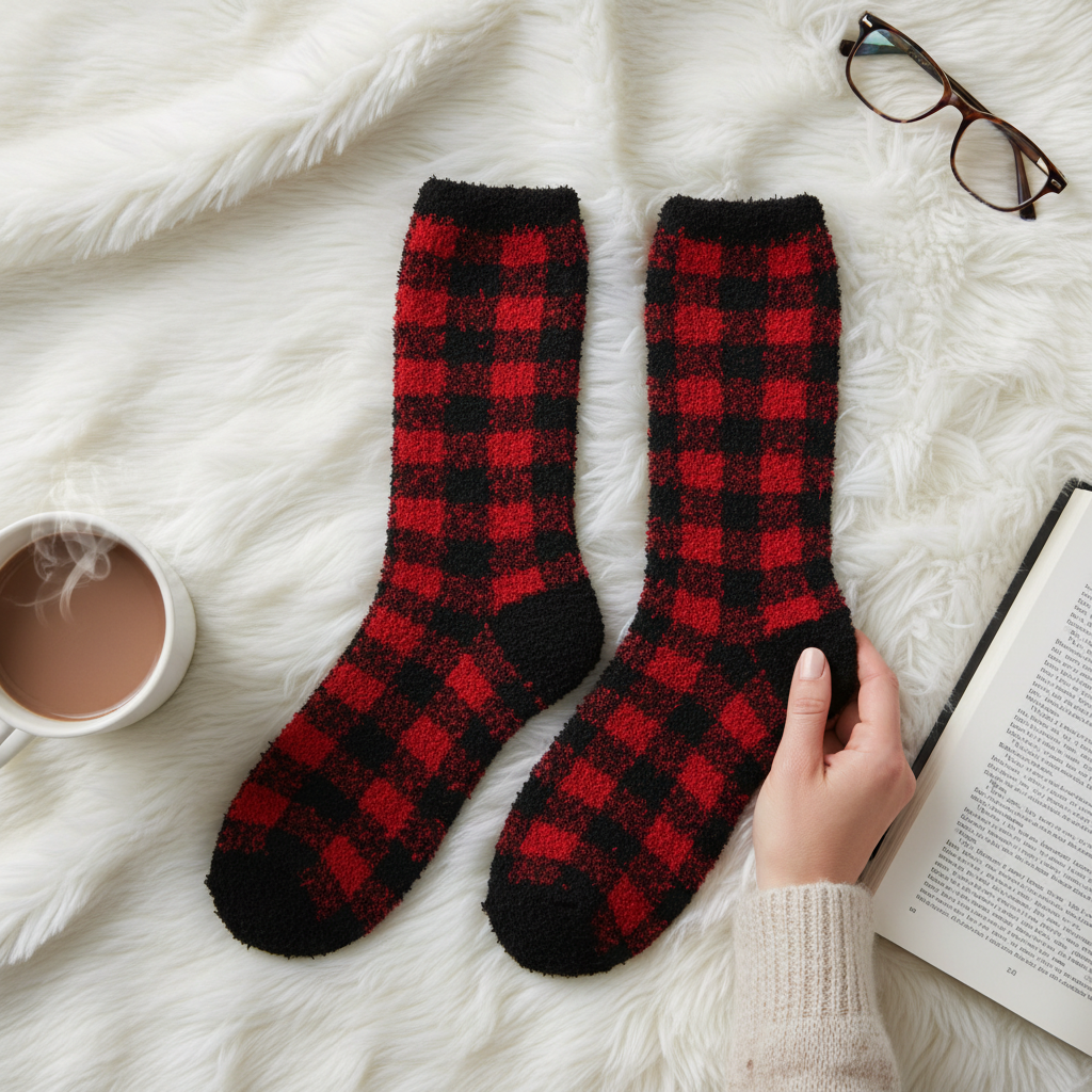 Mellow Monkey red and black buffalo plaid crew socks from the 1902 Collection on a cozy white faux fur background.