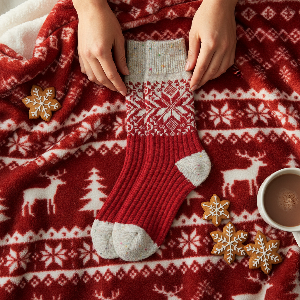 Mellow Monkey Red Confetti holiday crew sock with snowflake pattern on a matching festive blanket with gingerbread
