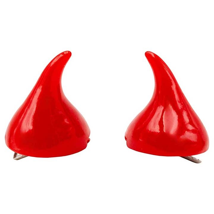 Mellow Monkey glossy red devil horns hair clips for Halloween costumes and cosplay accessories.