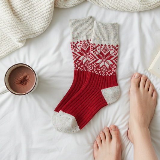 Mellow Monkey Red Confetti holiday crew socks with snowflake pattern on white bedding next to hot cocoa and a book.