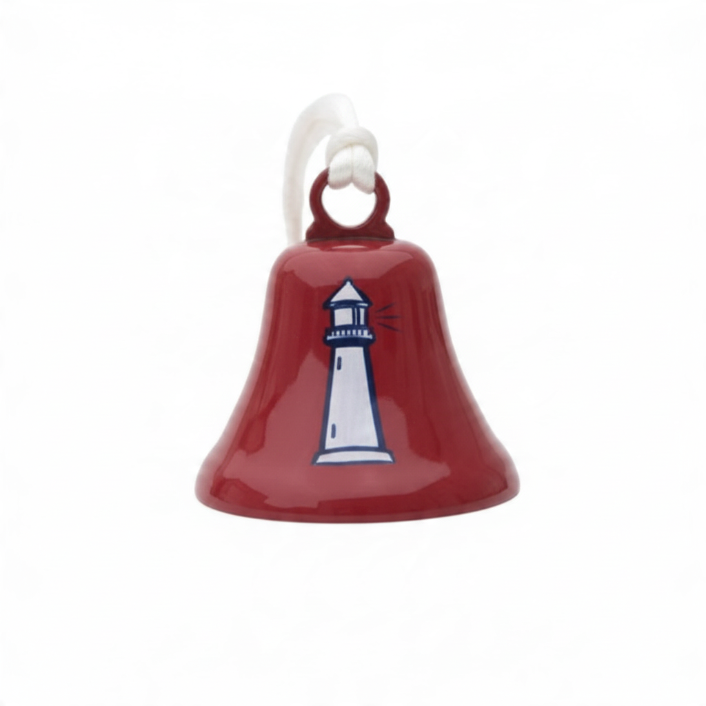 Mellow Monkey red steel Christmas bell ornament featuring a white lighthouse design with a white hanging cord