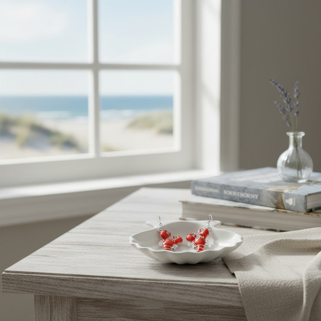 Mellow Monkey red enamel lobster earrings resting in a white shell dish on a wooden table by a beach view window.