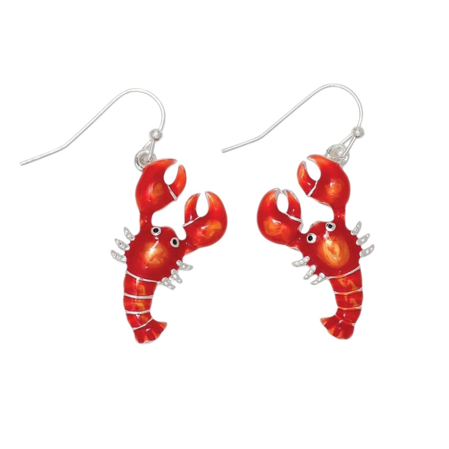Mellow Monkey red enamel lobster drop earrings with silver-tone hooks, perfect for a coastal or beach-inspired look.