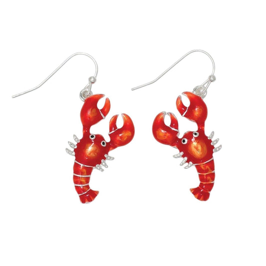 Mellow Monkey red enamel lobster drop earrings with silver-tone hooks, perfect for a coastal or beach-inspired look.