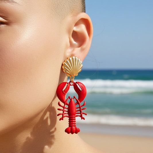 Mellow Monkey red and gold shell and lobster drop earrings, 2.75 inches long, playful ocean-inspired design.