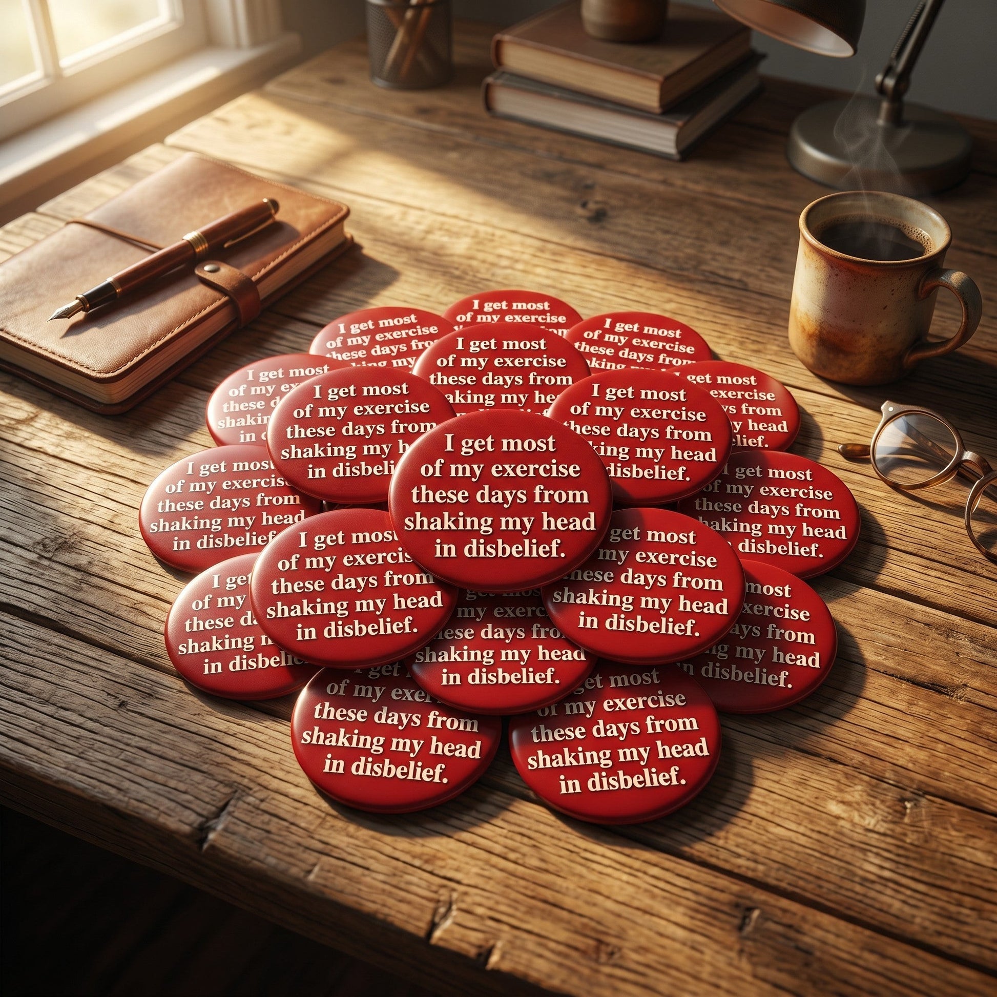 Mellow Monkey 1.25-inch round red pin-back button with white text reading I get most of my exercise shaking my head