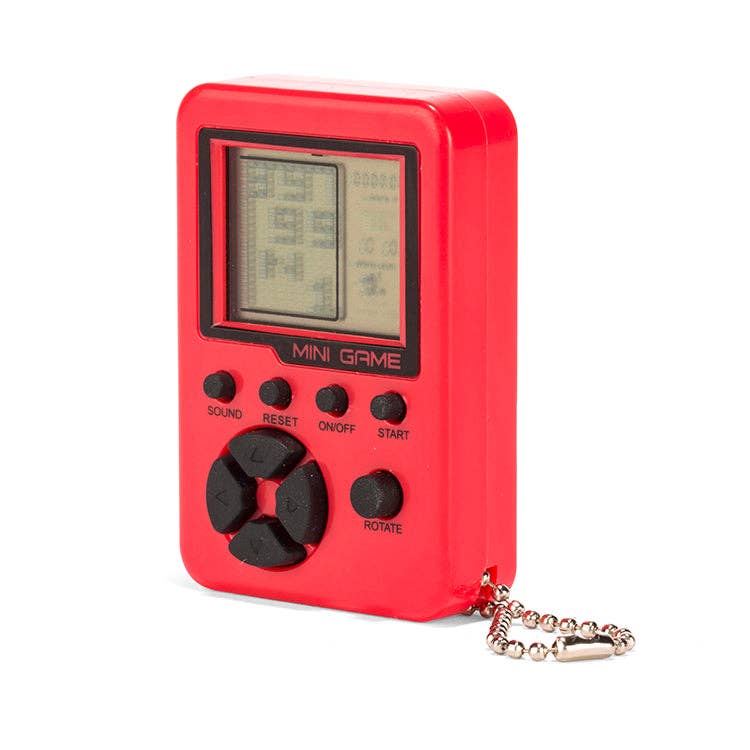 Mellow Monkey red portable electronic pocket arcade game with black buttons and a keychain attachment