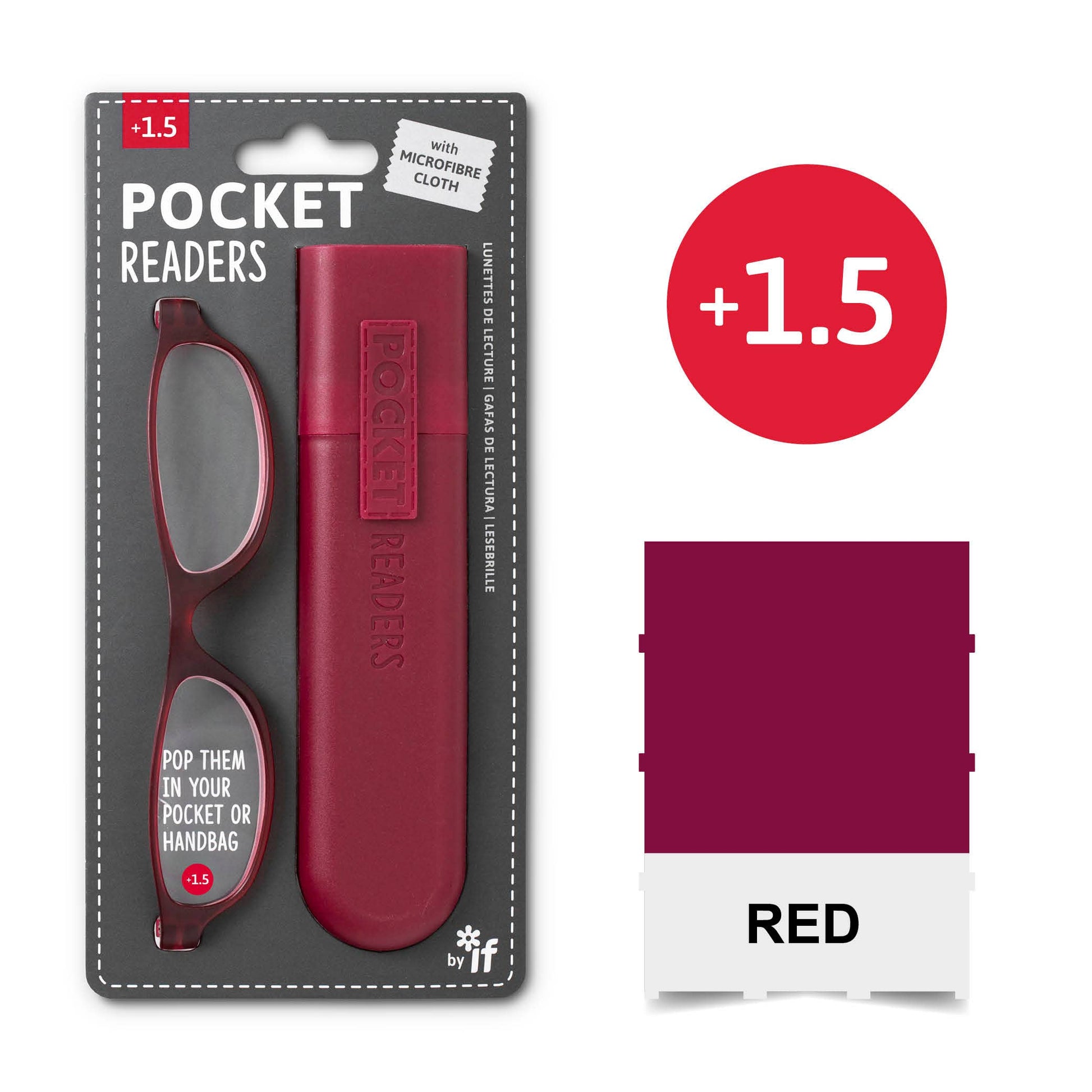 Mellow Monkey red pocket reading glasses with matching protective case and microfibre cloth in retail packaging