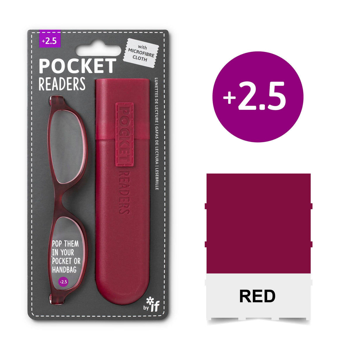 Mellow Monkey red pocket reading glasses with matching slim protective case and microfibre cloth in retail packaging