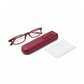 Mellow Monkey red pocket reading glasses with a matching protective case and a white microfiber cleaning cloth.