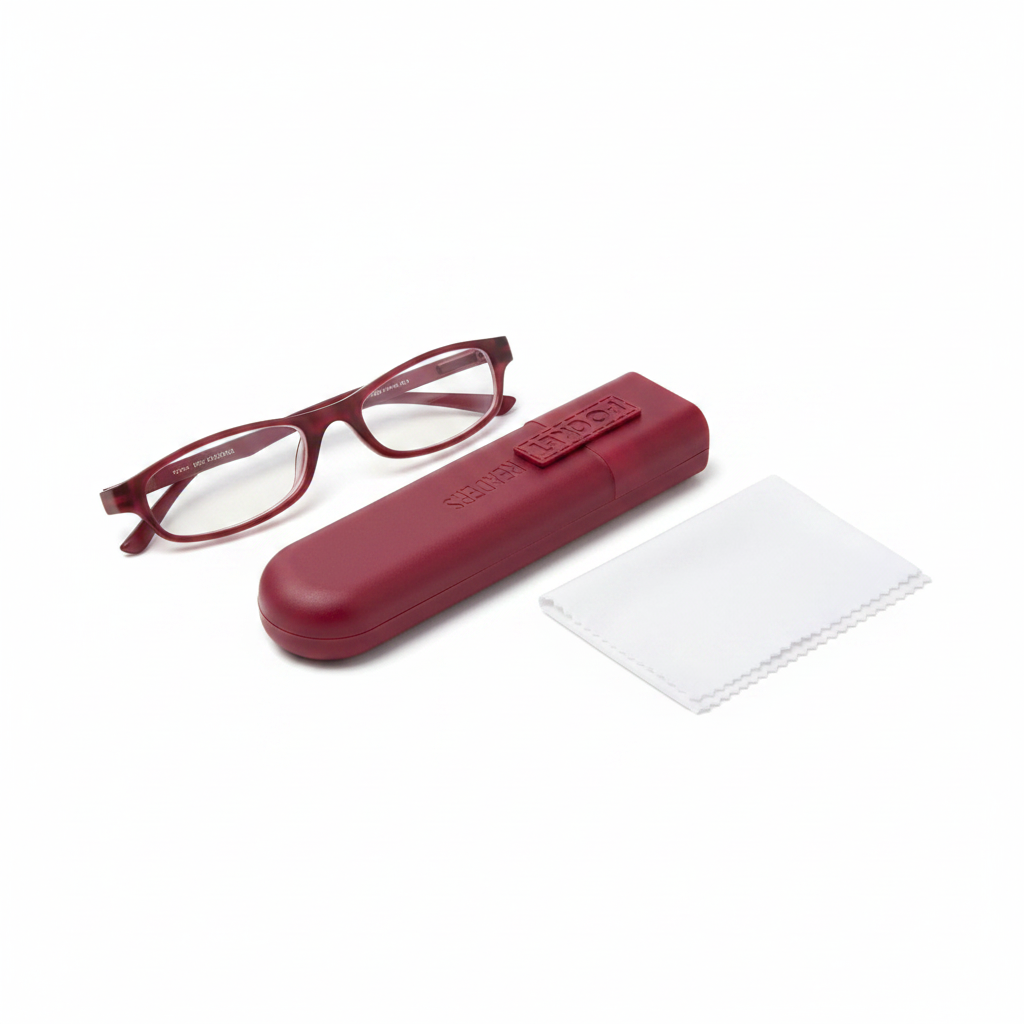 Mellow Monkey red pocket reading glasses with a matching protective case and a white microfiber cleaning cloth.