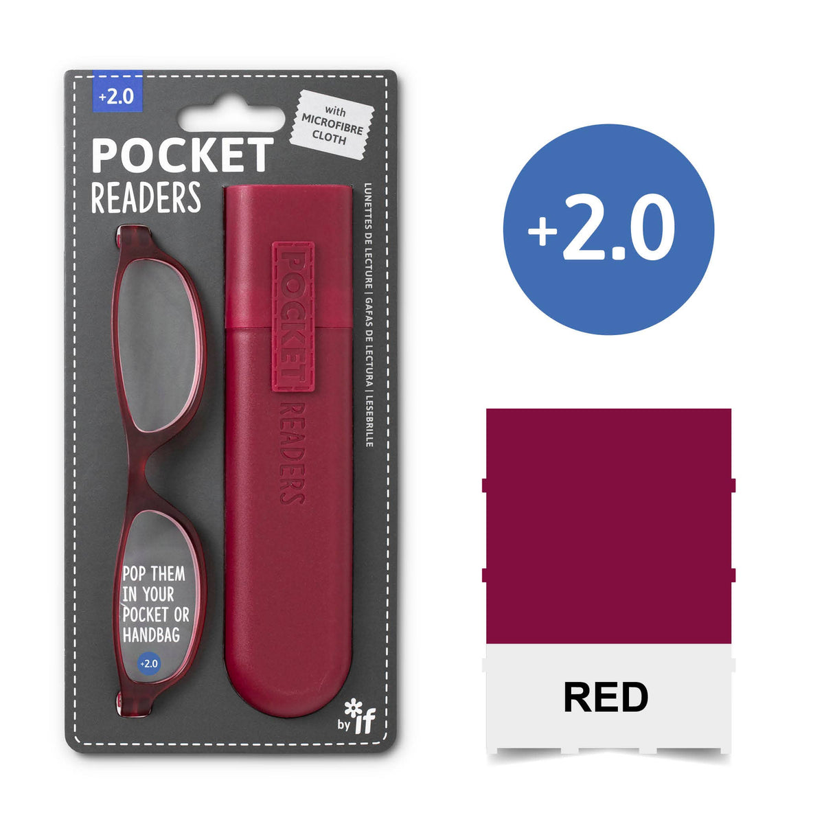 Mellow Monkey red pocket reading glasses with matching protective case and included microfibre cleaning cloth.