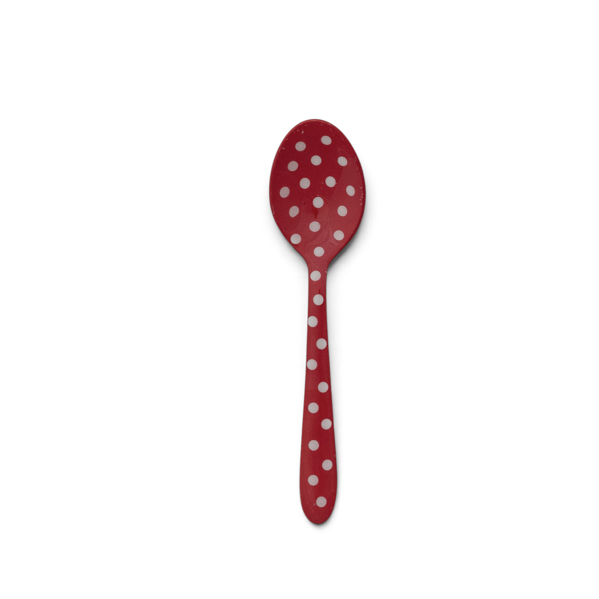 Mellow Monkey stainless steel spoon in red with a white polka dot pattern for decorative home kitchen use