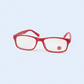 Mellow Monkey red reading glasses with a 1.5 magnification lens, featuring a classic rectangular frame design.