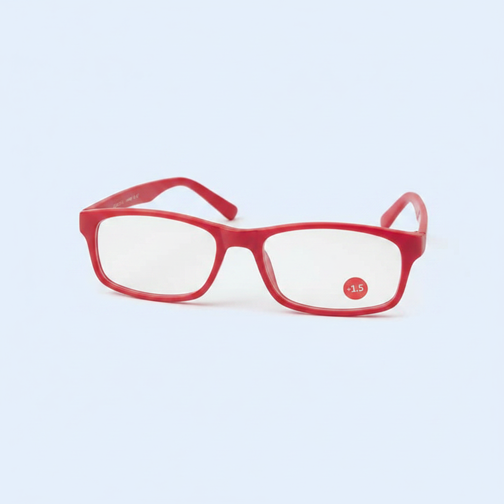 Mellow Monkey red reading glasses with a 1.5 magnification lens, featuring a classic rectangular frame design.