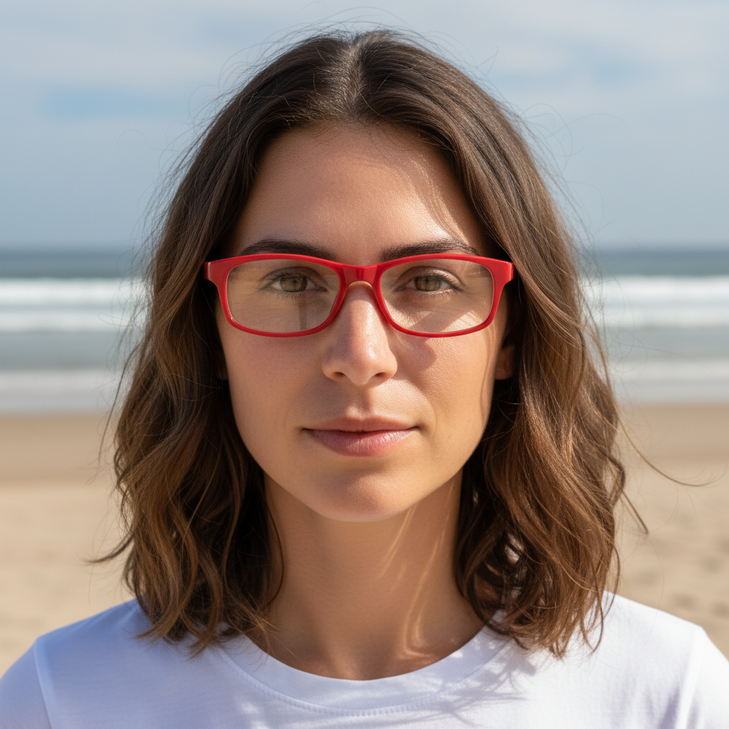 Mellow Monkey Spare Pair reading glasses with vibrant red frames worn by a woman on a sunny beach.