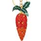 Mellow Monkey red and orange rhinestone carrot keychain with green leaf detail and gold hardware.