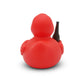 Mellow Monkey red novelty rubber duck holding a black beer bottle, viewed from the back on a white background.