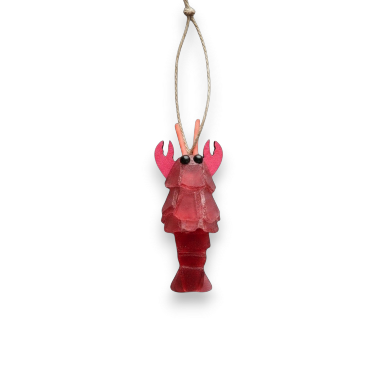 Mellow Monkey handcrafted red sea glass lobster ornaments with jute twine hangers for coastal holiday decor.