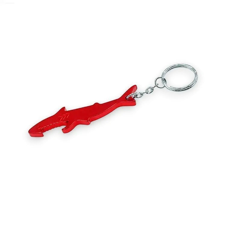 Mellow Monkey red aluminum shark-shaped bottle opener keychain with a metal ring