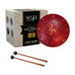 Mellow Monkey 6-inch red steel tongue drum with 8 notes, wooden mallets, finger picks, and music book in packaging.