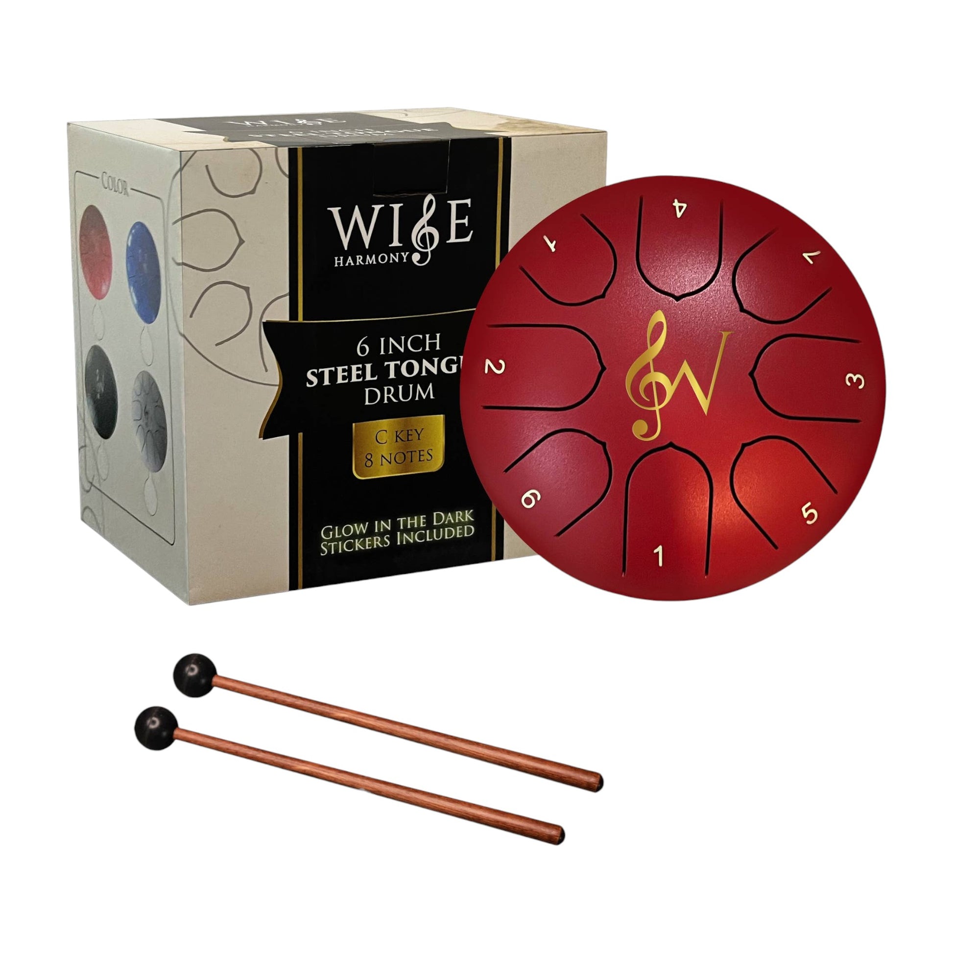 Mellow Monkey 6-inch red steel tongue drum with 8 notes, wooden mallets, finger picks, and music book in packaging.