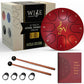 Mellow Monkey 6-inch red steel tongue drum with 8 notes, wooden mallets, finger picks, and music book in packaging.