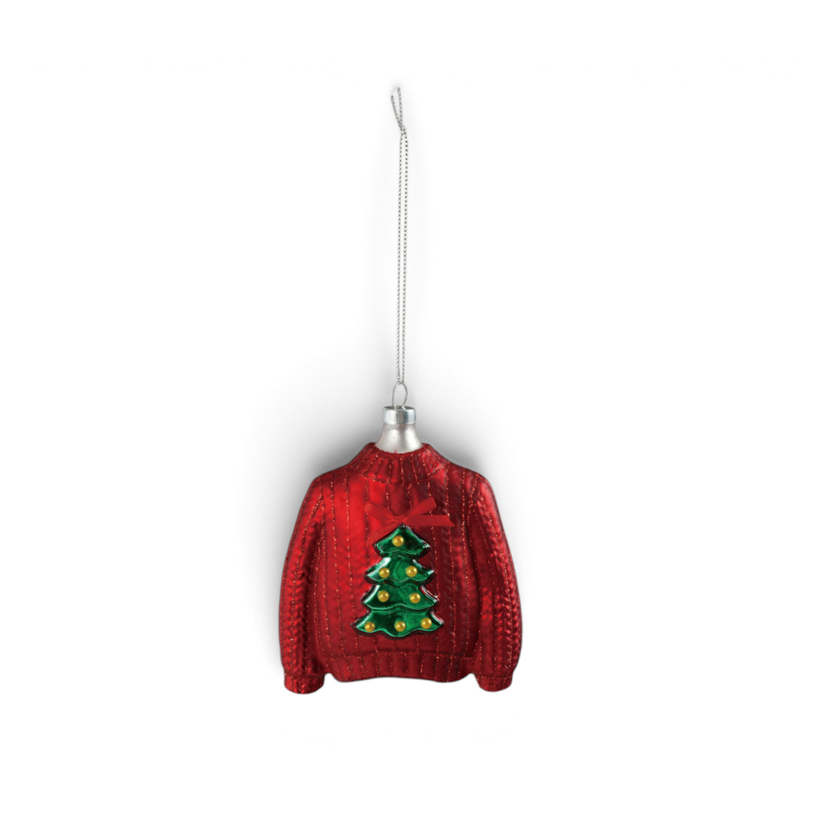 Mellow Monkey red glass sweater Christmas ornament featuring a green tree and bow detail on a white background