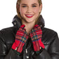 Mellow Monkey red tartan plaid gloves with microsuede palms and touchscreen fingertips worn by a smiling woman