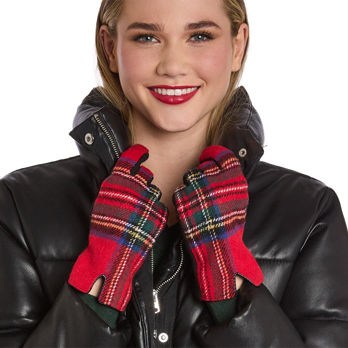 Mellow Monkey red tartan plaid gloves with microsuede palms and touchscreen fingertips worn by a smiling woman