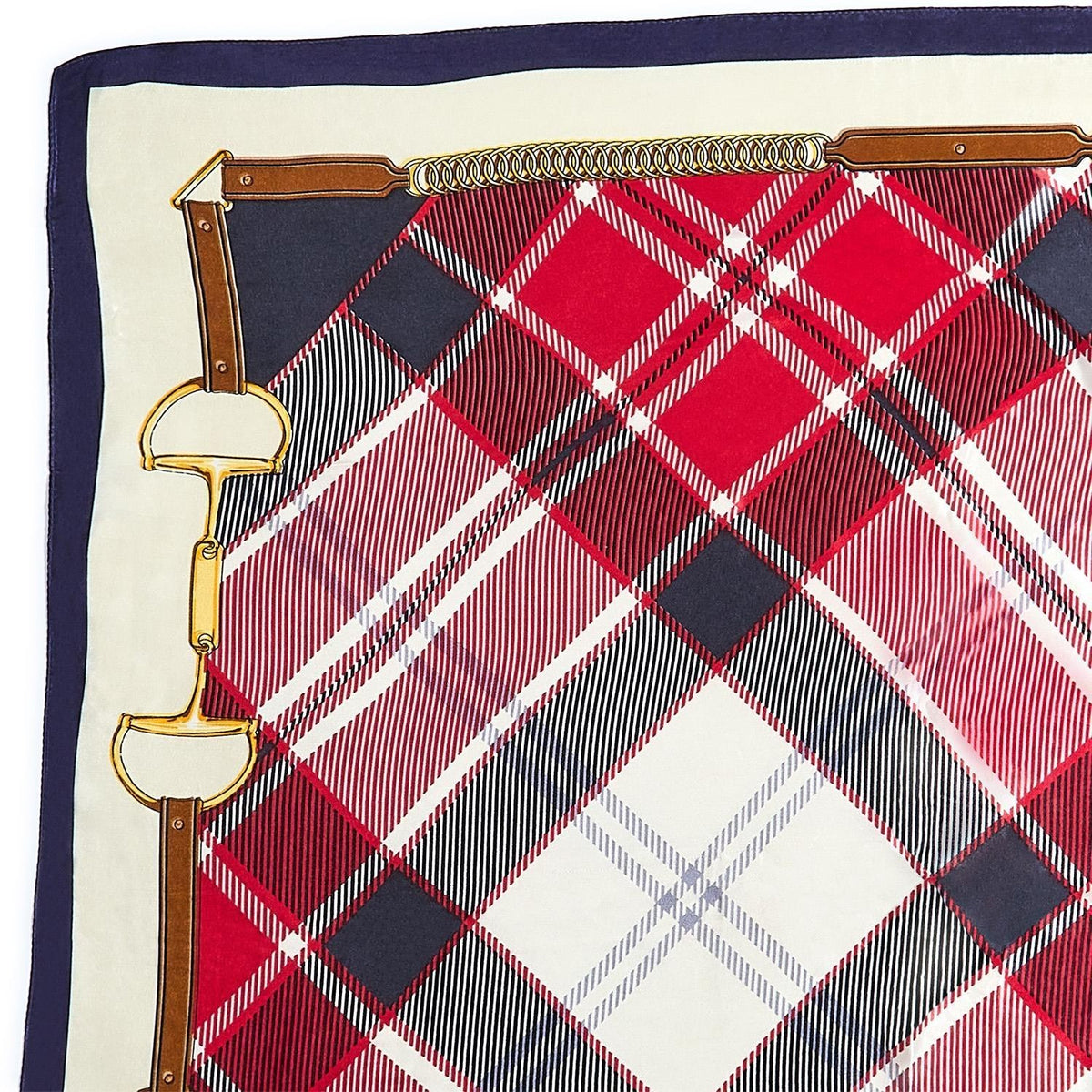 Mellow Monkey red tartan silky scarf with equestrian bit and leather strap print on a cream background