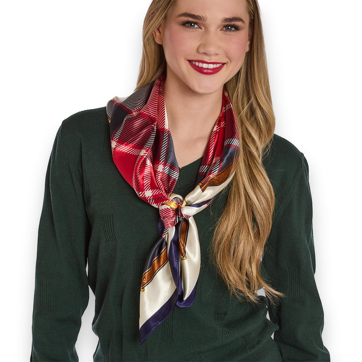 Mellow Monkey red tartan silky polyester scarf tied around the neck of a smiling woman in a dark green sweater