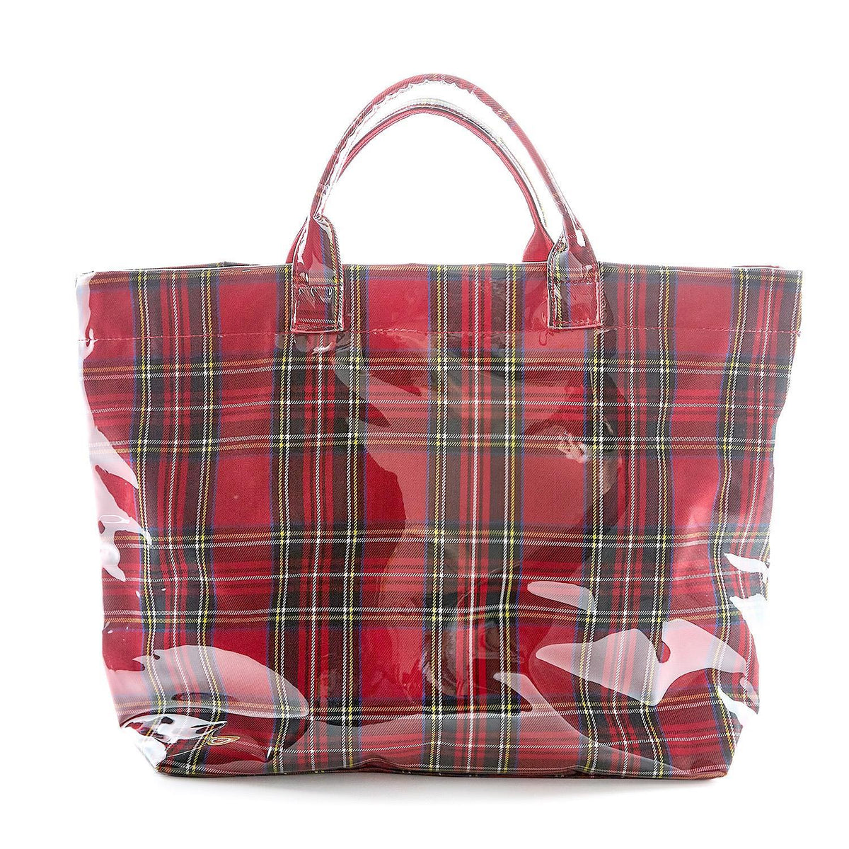 Mellow Monkey red tartan plaid tote bag made of durable nylon and PVC with a glossy finish for holiday shopping.