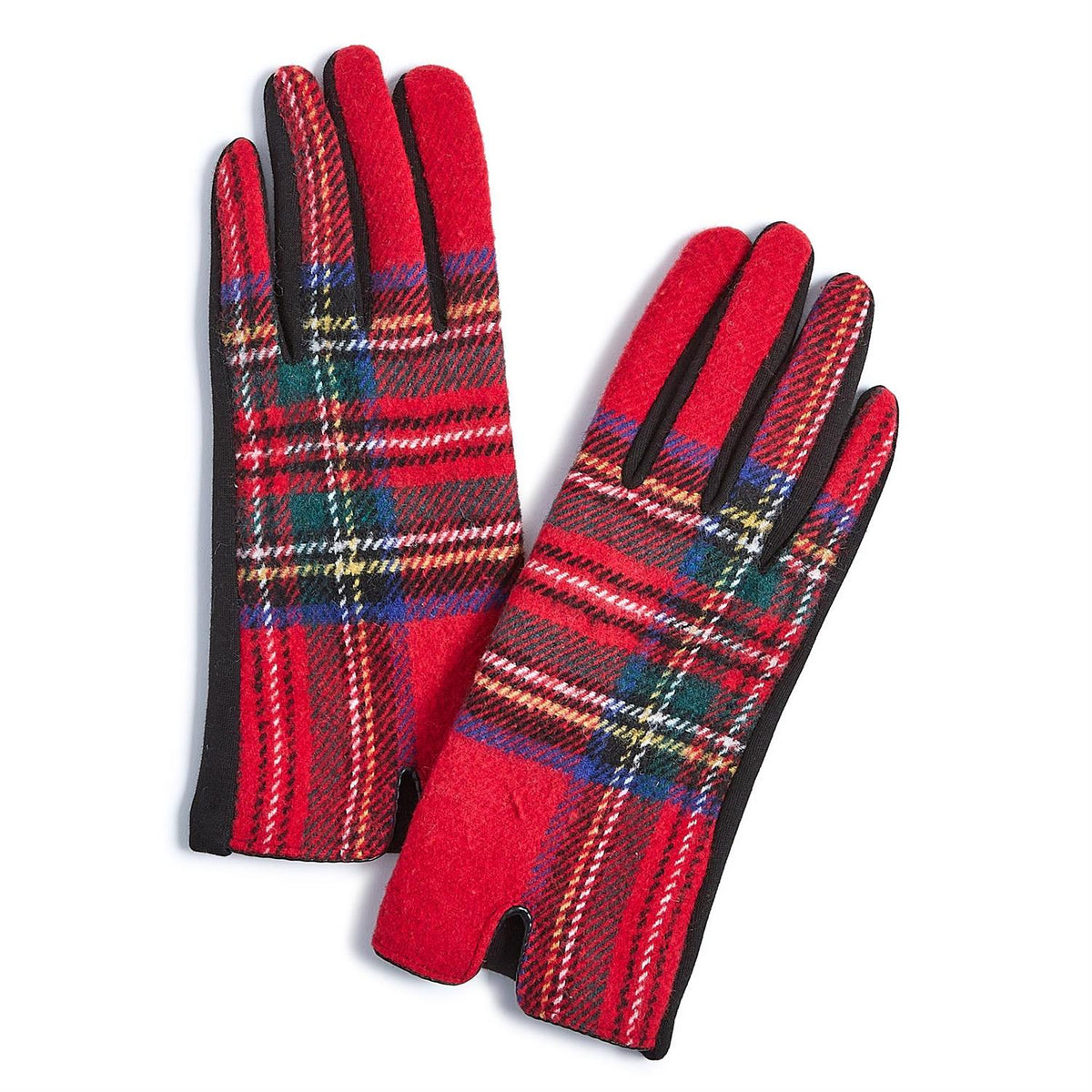 Mellow Monkey red tartan plaid winter gloves with black microsuede palms and touchscreen compatible fingertips