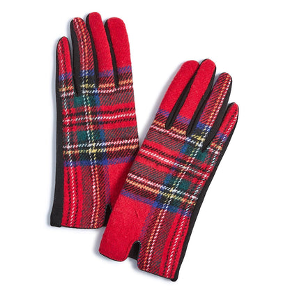 Mellow Monkey red tartan plaid winter gloves with black microsuede palms and touchscreen compatible fingertips