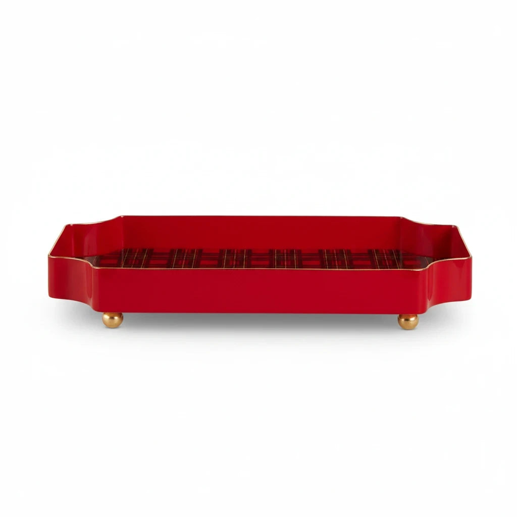 Mellow Monkey 7-inch red iron trinket tray featuring a festive holiday tartan plaid pattern and gold ball feet.