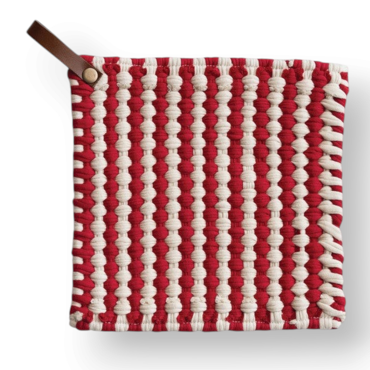 Mellow Monkey 8-inch square crocheted pot holder in red and white stripes with a brown leather hanging loop.