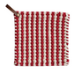 Mellow Monkey square crocheted pot holder in red and white stripes with a brown leather hanging loop.