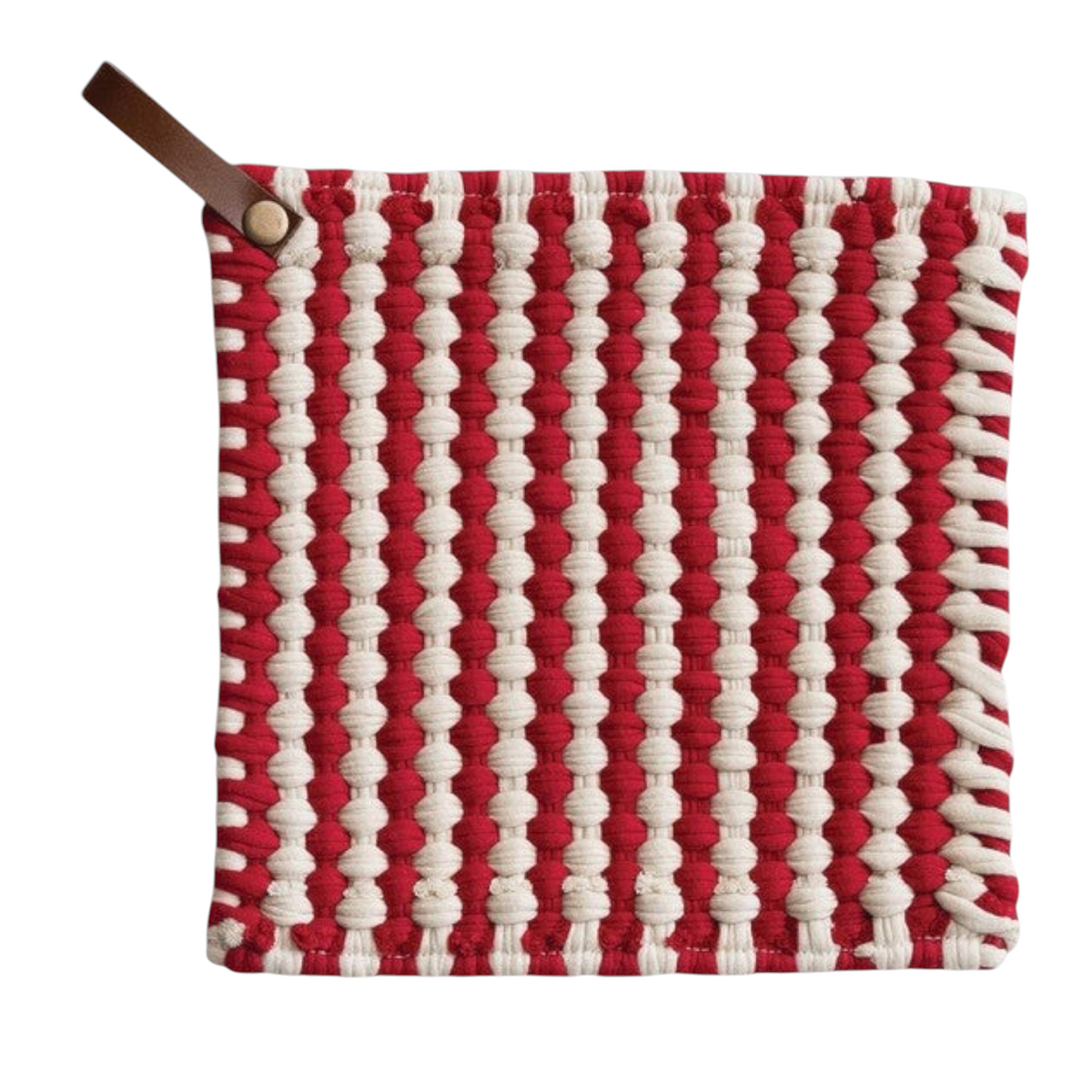 Mellow Monkey square crocheted pot holder in red and white stripes with a brown leather hanging loop.