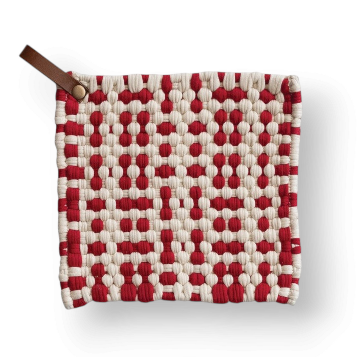 Mellow Monkey 8-inch square crocheted pot holder in red and white with a brown leather hanging loop.