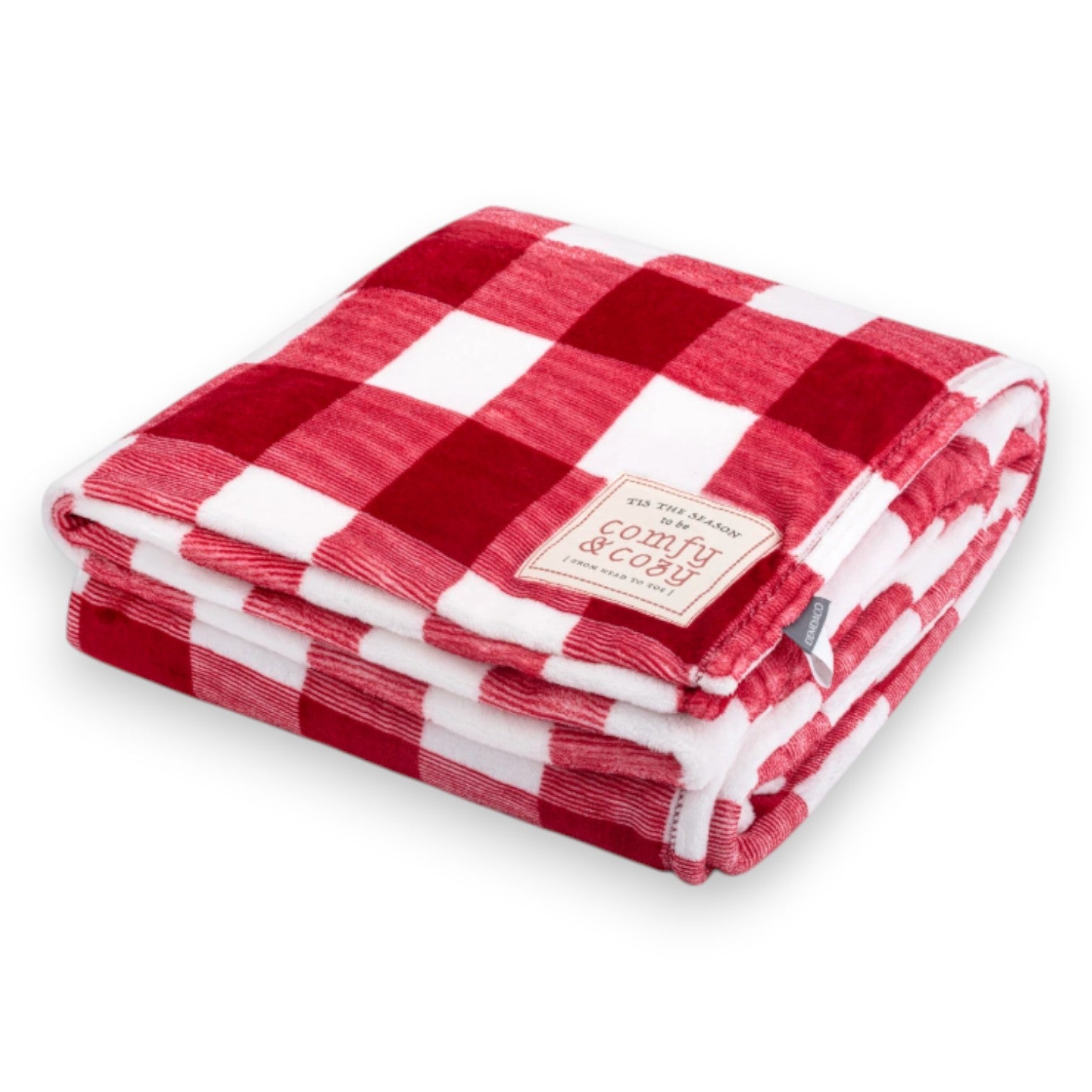 Mellow Monkey red and white plaid foot pocket blanket with a decorative patch on a white background