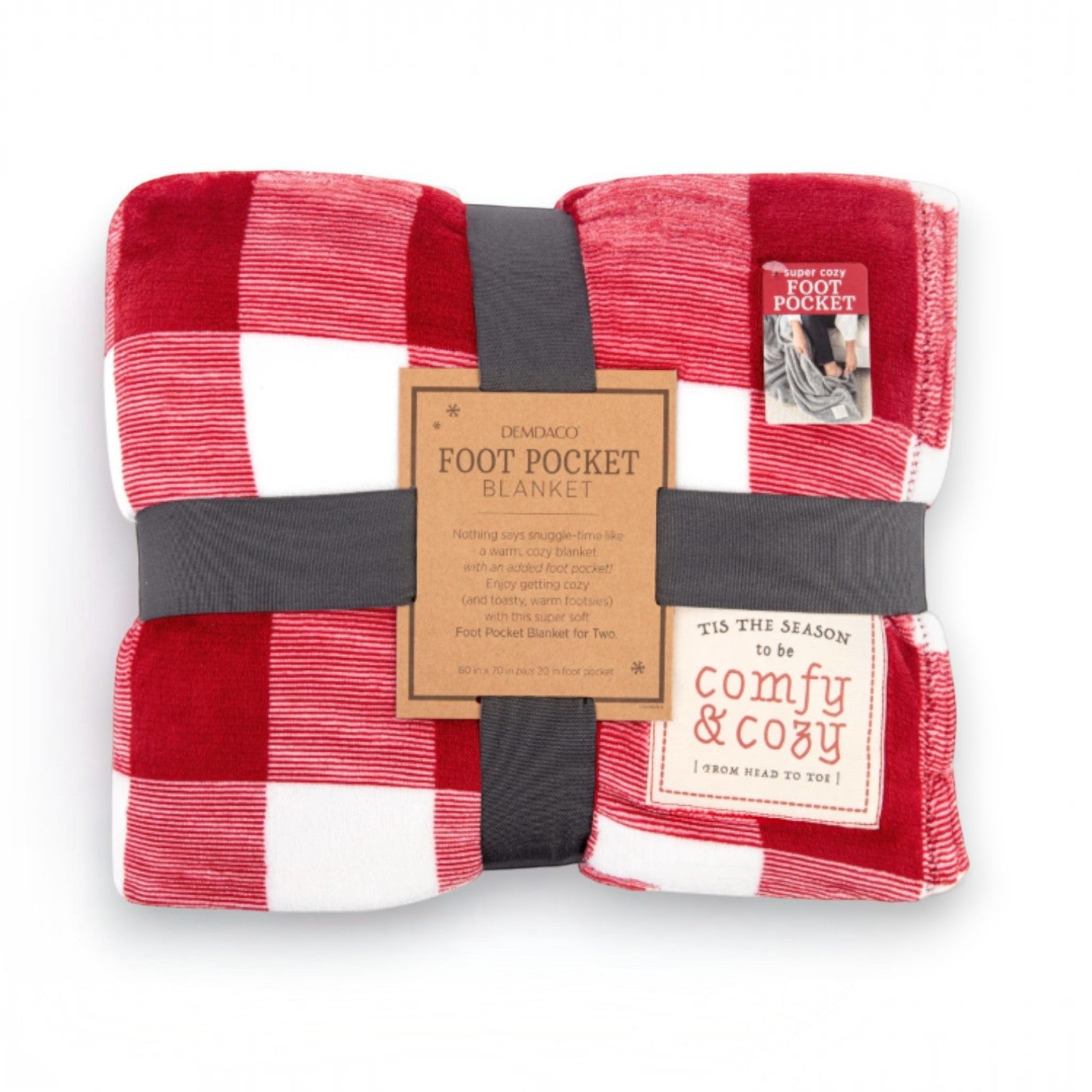 Mellow Monkey red and white plaid foot pocket blanket folded with product packaging and cozy branding labels.