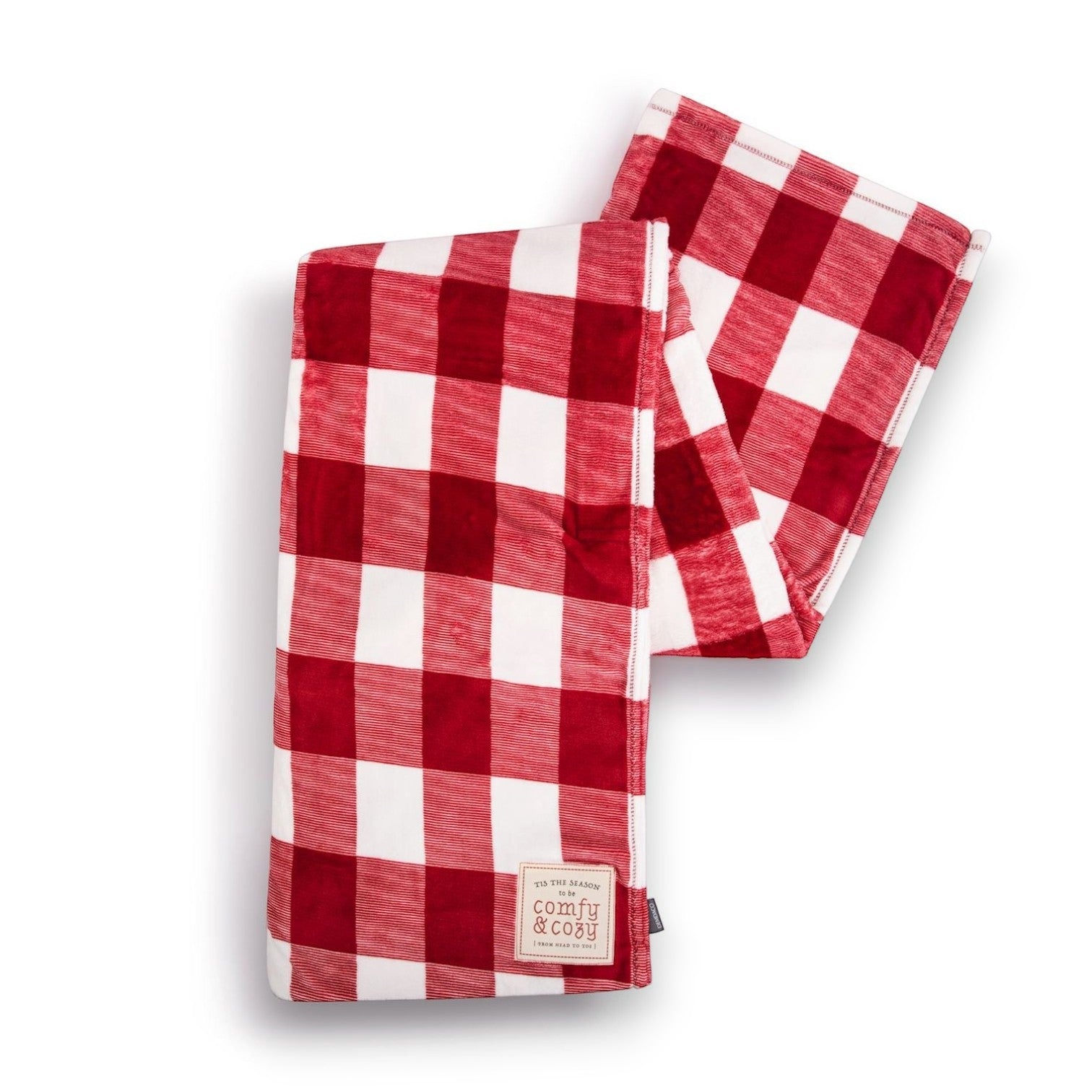 Mellow Monkey red and white plaid blanket with a built-in foot pocket and a cozy decorative patch