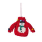 Mellow Monkey hand-crafted red wool sweater ornament featuring a snowman design and colorful pom-pom accents.
