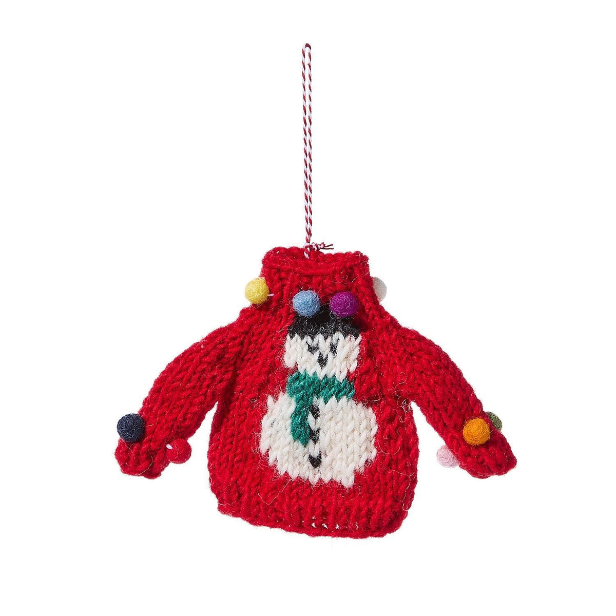 Mellow Monkey hand-crafted red wool sweater ornament featuring a snowman design and colorful pom-pom accents.