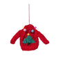Mellow Monkey red wool sweater Christmas tree ornament with colorful pom-poms and a green tree design