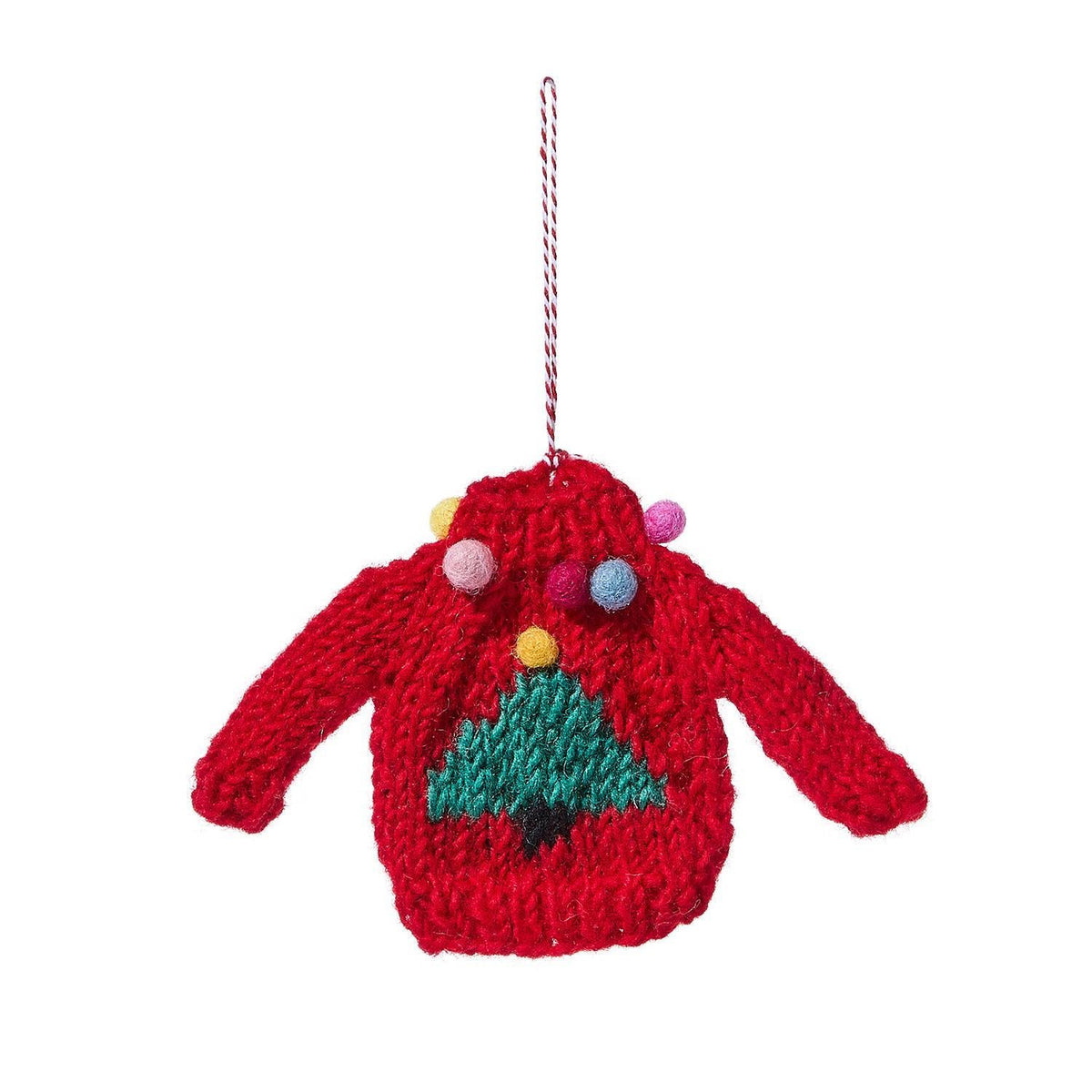 Mellow Monkey red wool sweater Christmas tree ornament with colorful pom-poms and a green tree design